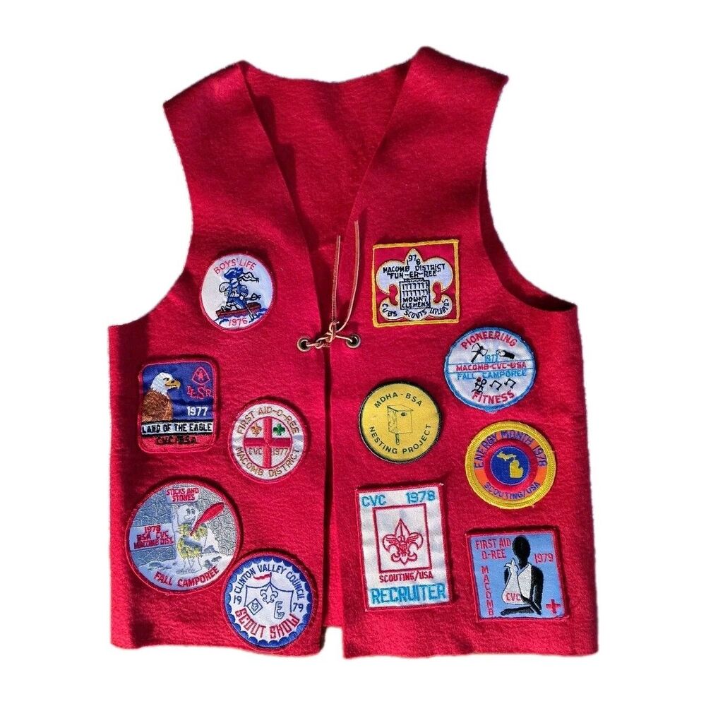 Vintage 1970s Boy Scouts BSA Red Wool Vest Large Order of the Arrow Patches
